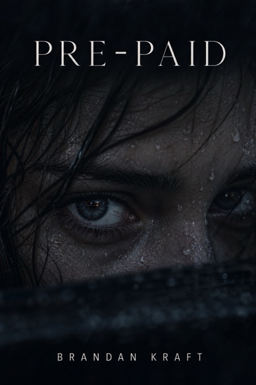 Pre-Paid - a novel by Brandan Kraft: a young woman's face in the rain, close enough to count the drops on her skin, looking up out of the dark