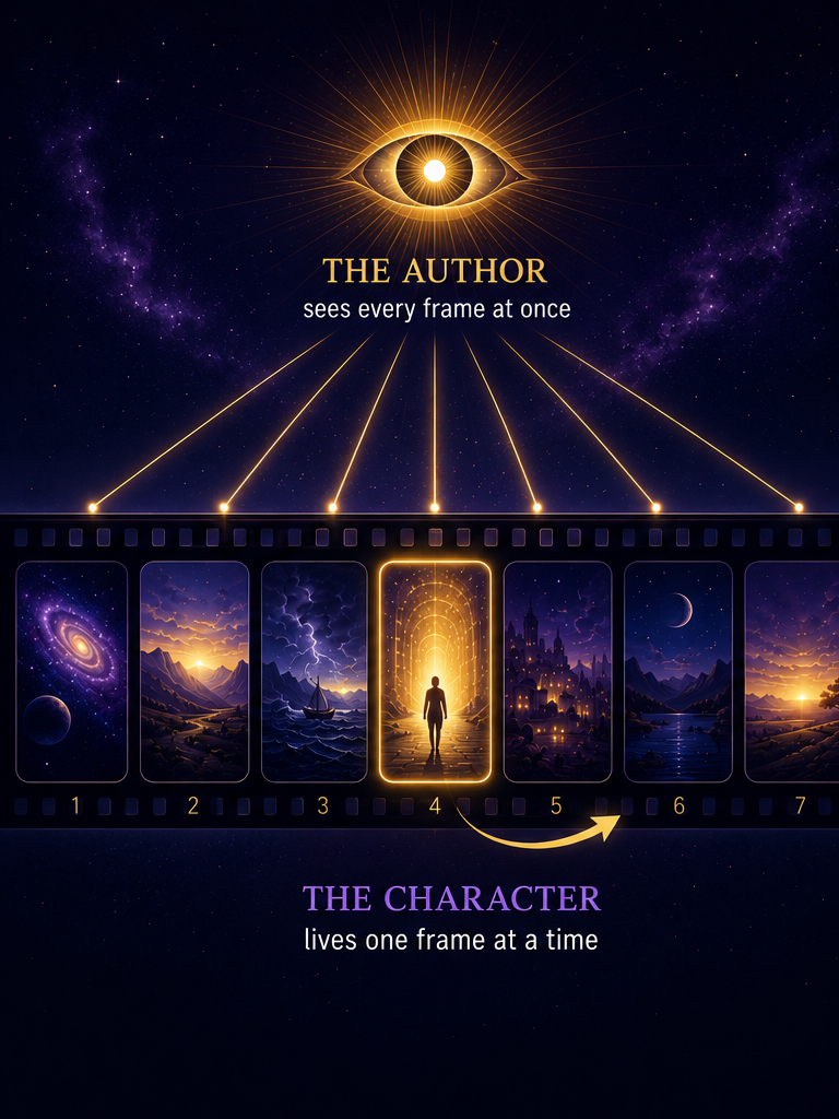 The Author sees every frame at once; the character lives one frame at a time